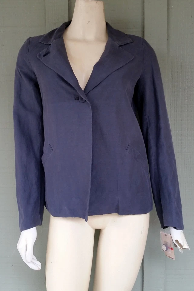 NUEVO CON ETIQUETAS DKNY PURE Azul Gris Seda Lino Chaqueta Blazer P Petite Donna Karan $275 Foto 1 de 4