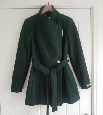 Ted Baker Wool Coat Rosess Short Wool Cashmere Wrap Coat Size 2 UK 10 Dark Green - Image 1 of 4