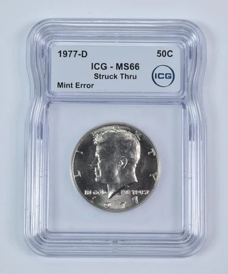 1977-D Kennedy Half Dollar Mint Error Struck Thru MS66 ICG *9342 - Image 1 of 3