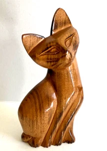 Escultura de gato/gatito siamés de madera de teca tallada a mano MCM de colección de los años 50 de 6,25" de alto - Imagen 1 de 12