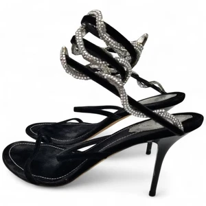 Rene Caovilla Shoes Womens Size 40 / 10 Black Crystal Snake Wrap Sandals Heels - Picture 1 of 23