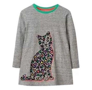 Mini Boden Girl's Long Sleeve Flocked Printed Tunic in Grey Marl Cat - Picture 1 of 3