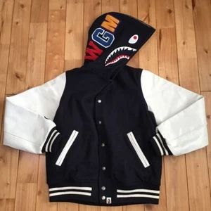 BAPE Cowhide leather Sleeve shark varsity jacket Navy A Bathing Ape Size L - Picture 1 of 10