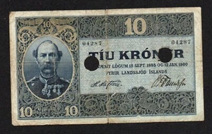 10 coronas 1885-1900 (1900-06), dos perforadoras canceladas, Islandia - Imagen 1 de 2
