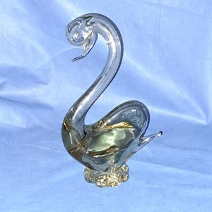 Beautiful 8" Hand Blown Glass Swan On Attached Glass Base - Olive Green to Clear - Picture 1 of 5