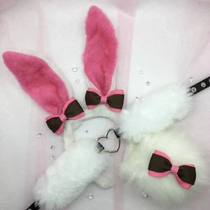 Customized White Pink Bunny Rabbit Set BDSM DDLG PetPlay Ears Collar Tail - Bild 1 von 1