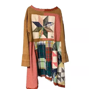 Upcycled Tunic Dress XL Lagenlook Art To Wear Patchwork Boho Festival Sharkbite - Picture 1 of 16