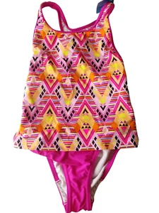 Speedo Mädchen Größe 8 schwarz rosa Stammesdiamant 2-teilig Tankini Badeanzug - Bild 1 von 7