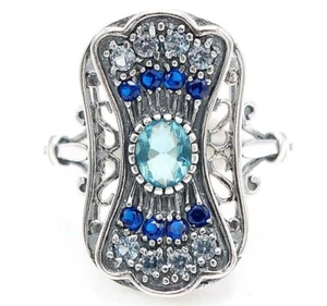 Natural Aquamarine & Sapphire 925 Sterling Silver Art Deco Style Ring Sz 6 - Picture 1 of 3