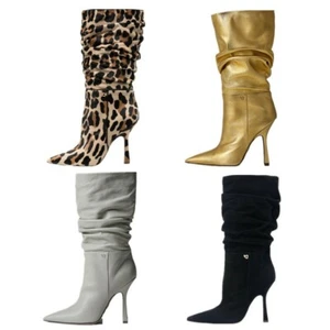 Womens Fashion Leather Pointy Toe Stiletto Heel Pull On Slouchy Boots Shoes HAWY - Picture 1 of 15