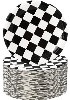 25 черно-белых клетчатых бумажных тарелок 7 дюймов декор для гоночного автомобиля вечеринки - Изображение 1 из 4