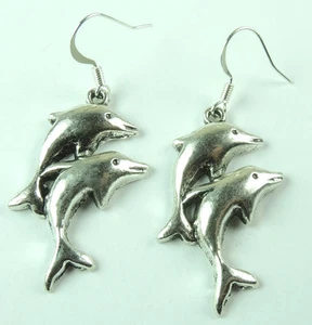 Earrings with Double Dolphins Silver Tone Beach Wedding - Picture 1 of 1
