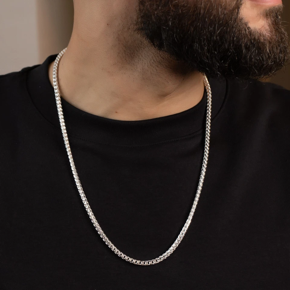 Colar de corrente masculino sólido prata esterlina 925 4 mm caixa Franco 22" feito na Itália - Imagem 1 de 2