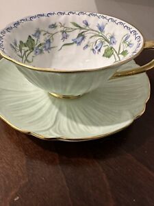 Shelley Harebell Pattern Oleander Shape Green & Gold Tea Cup and Saucer 