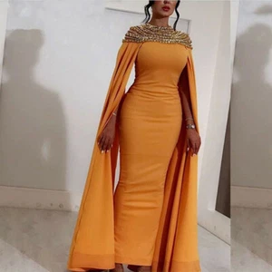 Crystals Satin Mermaid Evening Prom Party Dress Celebrity Pageant Gown With Cape - Picture 1 of 3