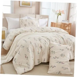 Cream Duvet Cover Set Size 100% Washed Cotton Linen Like Twin Cream&floral - Picture 1 of 8