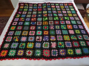 Vtg. GRANNY SQUARE WOOL or WOOL BLEND AFGHAN or THROW w/Red Border - 52" x 54" - Picture 1 of 4
