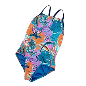 Adidas One Piece Swim Suit Youth Extra Large Green Orange Tropical Beach Active - Picture 1 of 9