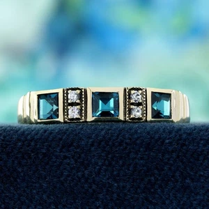 9K Gold London Blue Topaz White Sapphire Vintage Style Three Stone Band Ring - Picture 1 of 9
