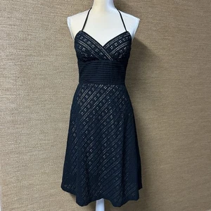 White House Black Market Kleid Damen 6 schwarz Baumwolle Ösen Fit & Flare Neckholder - Bild 1 von 12