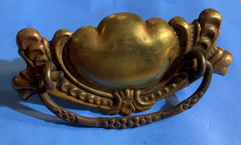 c.1860  3”centers Civil War Victorian Antique Hardware Drawer Pull Brass & Iron Cover