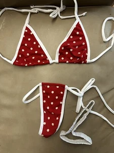 NWOT Skimpy Handmade Triangle Top Thong Bottom Red w/ White Polka Dots Bikini - Picture 1 of 6