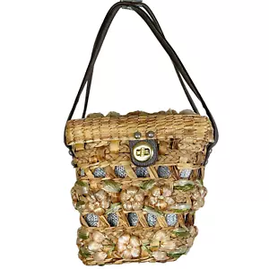 Vintage 1960's Straw Top Handle Box Purse W/ Raffia Flowers Made In Philippines - Picture 1 of 9