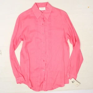 NWT Dana Buchman Womens Linen Blouse 4 Solid Pink Pleated Front Diamond Buttons - Picture 1 of 6