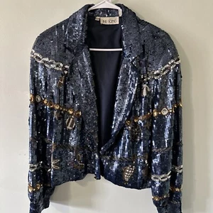 Vintage The Icing Women's Blue Sailor Nautical Sequin Blazer Jacket 80s Medium - Picture 1 of 18