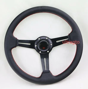 Black 6 Bolt 350MM Racing Leather Racing Steering Wheel Red Stitch & Horn - Picture 1 of 6