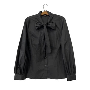 Halogen Bow Tie Neck Button Up Shirt Womens Long Sleeve M Black Cotton Blend NEW - Picture 1 of 8