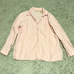 Kate Hill Casual 100% Linen Pink Crochet Detail Button-Up Shirt Womens sz L - Picture 1 of 3