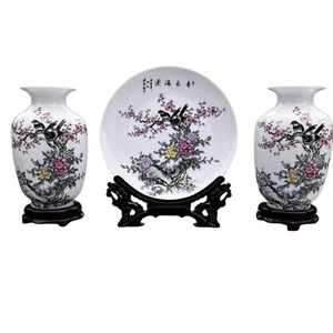 Handmade White Flower & Bird Porcelain 2 Vases & Plate Set w/ 3 Resin Stands - Picture 1 of 8