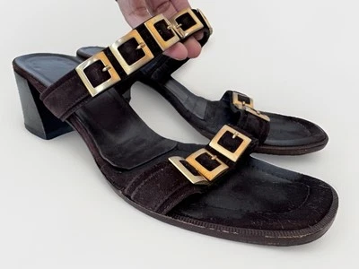 Sandalias Donald J. Pliner Marrón Dorado Hebillas Sin Cordones Tacón Bloque Zapatos Talla 7.5 Foto 1 de 4