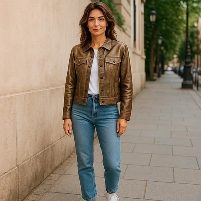 Ruby Rd Womens Size 14 Metallic Gold Faux Leather Snap Front Pockets Jacket - Image 1 of 4