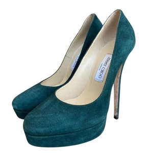 JIMMY CHOO Dark Green Suede Platform Pumps, Size 39 - Picture 1 of 15