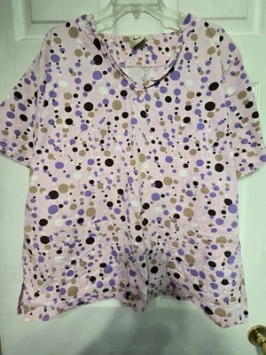 Cottonality Scrub Top size 2X-Pink/Purple Polka-a-dot V-Neck Chest 28"/L 28" - Image 1 of 4