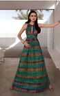 Kay Unger Metallic Green Striped Silk Dress Maxi Sleeveless 100% Silk Size 16 
