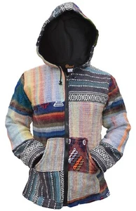 Hombre Baja Patchwork Multicolor Capucha Hippie Cremallera Forro Polar Chaqueta - Imagen 1 de 7