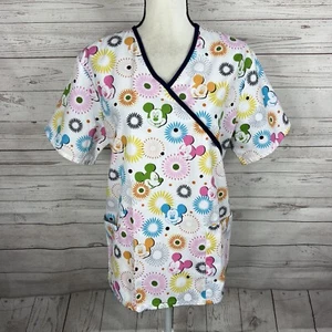 Disney Womens Scrub Top Size Medium White Multicolor Mickey Mouse V-Neck Pockets - Picture 1 of 9