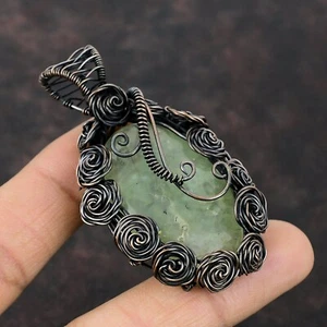 Moss Prehnite Jewelry Copper Gift For Mum Wire Wrapped Flower Pendant 2.76" - Picture 1 of 6