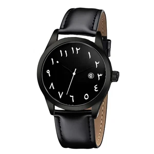 Herren Uhr Arabische Leder Armbanduhr Arabic Nummer Datum Wasserdicht Schwarz - Picture 1 of 19