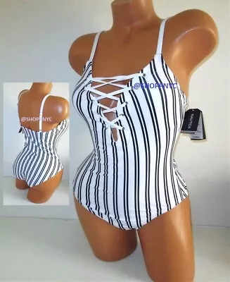 Nautica Lace-Up One Piece Swimsuit Size M White Navy Stripe Slimming Medium - Image 1 of 4
