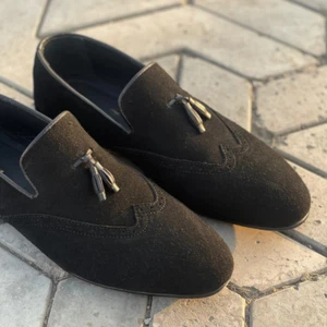 Men's Black Real Suede Leather Tassel Loafers Handmade Shoes Formal Dress Shoes - Picture 1 of 6