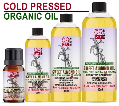 ZR BEAUTY Sweet Almond Oil Organic Cold Pressed Ideal for Massage Skin & Haircare DIY