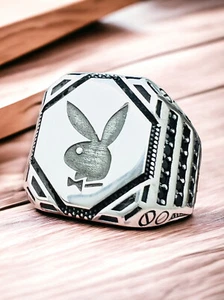 Unisex Hexagonal 925 Silver Vintage style Playboy bunny Ring - Picture 1 of 7