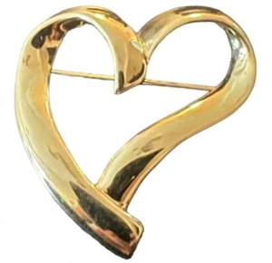 Vintage Goldtone Heart Brooch, 1980’s Large Heart Pin, 1.5 x 2” - Picture 1 of 3