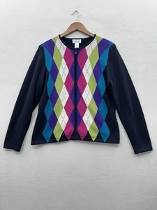 Foxcroft Women’s Large Blue Argyle Long Sleeve Zip Up Cardigan - Picture 1 of 8