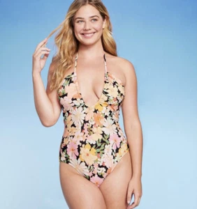 Women’s Halter Keyhole Bandeau 1 PC Swimsuit Multi Floral Print XL - Picture 1 of 14