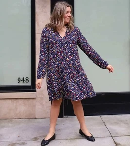 LOFT All Over Print Multicolor Herz Navy Blau Drop Waist Langarm Kleid XL - Bild 1 von 12